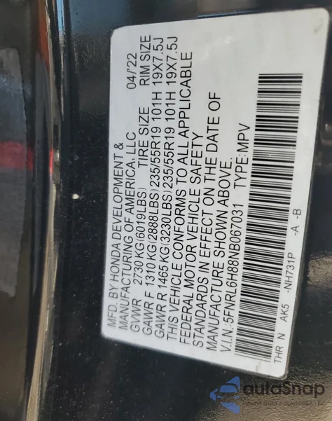 2022 Honda Odyssey Touring from USA, damaged, VIN 5FNRL6H88NB067031